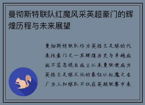 曼彻斯特联队红魔风采英超豪门的辉煌历程与未来展望